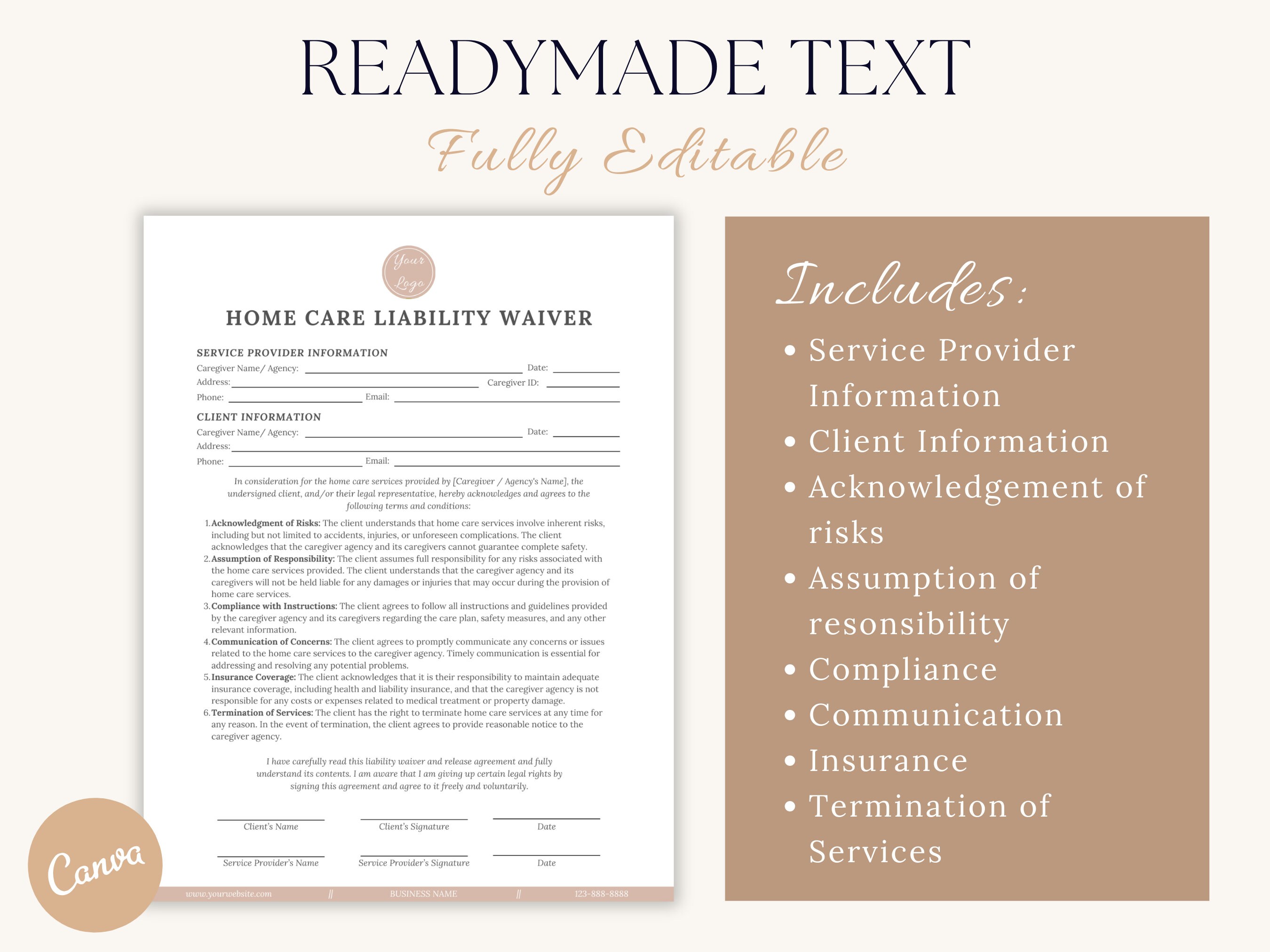Home Care Liability Waiver, Adult Care Giver Release of Liability, Non Medical Liability Waiver