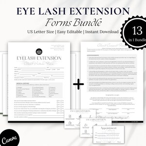 Puede incluir: Un paquete de formularios imprimibles para servicios de extensión de pestañas. Los formularios incluyen un formulario de admisión de clientes, un formulario de consentimiento y tarjetas de citas. El texto en los formularios incluye "EYE LASH EXTENSION" y "Forms Bundle". El paquete incluye 13 formularios.