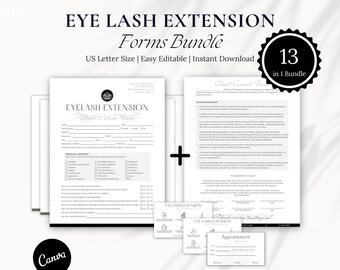 Puede incluir: Un paquete de formularios imprimibles para servicios de extensión de pestañas. Los formularios incluyen un formulario de admisión de clientes, un formulario de consentimiento y tarjetas de citas. El texto en los formularios incluye "EYE LASH EXTENSION" y "Forms Bundle". El paquete incluye 13 formularios.