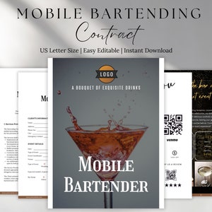 May include: A black and white contract template for mobile bartending services. The document includes sections for client information, event details, and services provided. The header features the text "Mobile Bartending Contract" and a logo placeholder. The document also includes a QR code for Venmo payments.