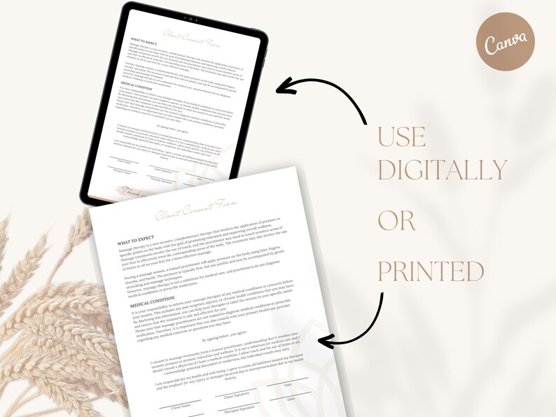 May include: A digital or printable client consent form for massage therapy. The form includes sections for what to expect, medical conditions, and a client signature.
