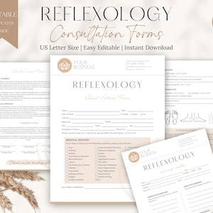 May include: A set of three printable reflexology consultation forms in a minimalist style with a light brown and white color scheme. The forms include a client intake form, a medical history form, and a reflexology chart.