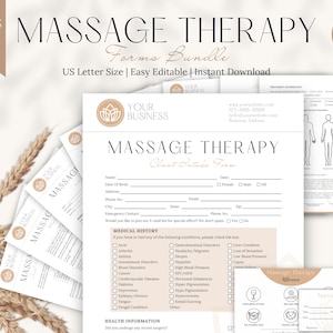 May include: A printable massage therapy client intake form template with a minimalist design. The form includes sections for client information, medical history, and appointment details. The form is designed for use by massage therapists and other wellness professionals.