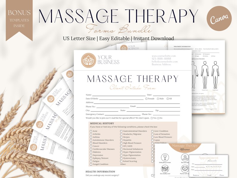 May include: A printable massage therapy client intake form template with a minimalist design. The form includes sections for client information, medical history, and appointment details. The form is designed for use by massage therapists and other wellness professionals.