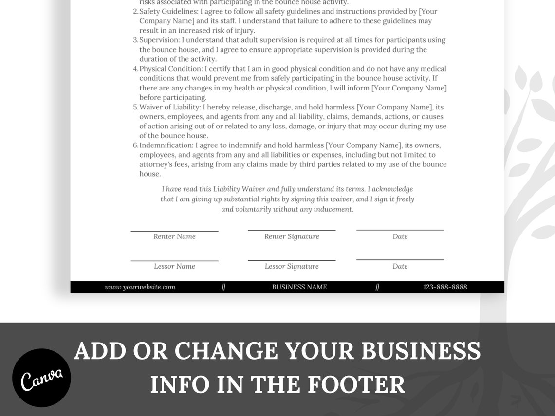 Bounce House Waiver Form Release of Liability Template Editable and