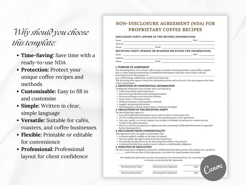 Coffee Recipe NDA Template: Printable Confidentiality Agreement (PDF ...