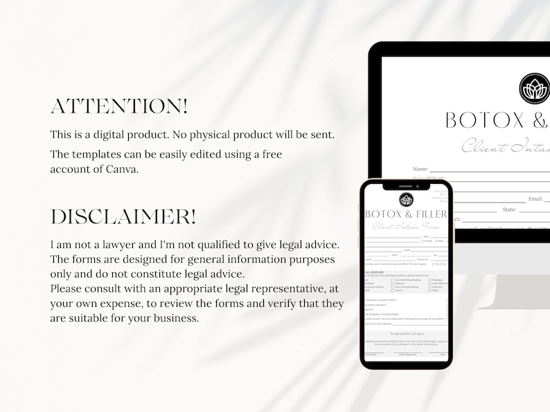 May include: A digital product for a Botox and Filler client intake form. The form is displayed on a computer screen and a mobile phone. The text on the screen reads "BOTOX & FILLER Client Intake Form". The text on the phone reads "BOTOX & FILLER Client Intake Form".