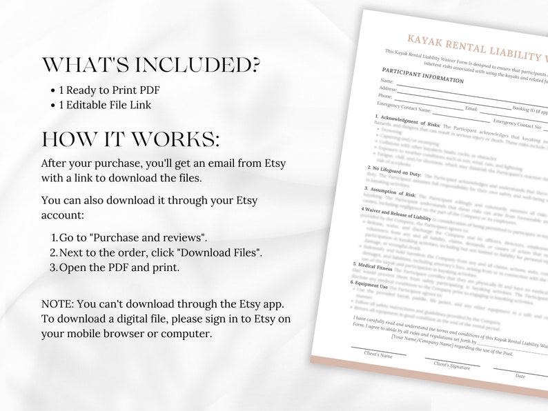 Kayak Rental Liability Waiver, Lake Activity Waiver, Boat Rental Waiver