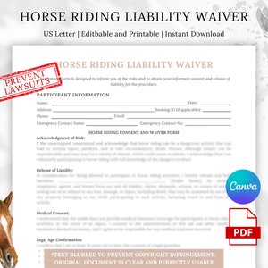 Horse Riding Waiver Template, Equine Release of Liability Waiver, Ride ...