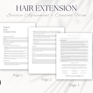 K&ouml;nnte beinhalten: Ein dreiseitiges Dokument mit dem Titel "Haarextensions-Servicevertrag + Einverst&auml;ndniserkl&auml;rung". Das Dokument enth&auml;lt Gesch&auml;ftsbedingungen, einen Servicevertrag und eine Einverst&auml;ndniserkl&auml;rung des Kunden.
