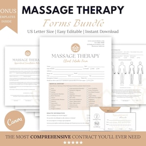 May include: A bundle of massage therapy forms, including a client intake form, appointment cancellation policy, and appointment cards. The forms are in US Letter size and are easy to edit. The text includes "Massage Therapy Forms Bundle" and "The Most Comprehensive Contract You'll Ever Need."