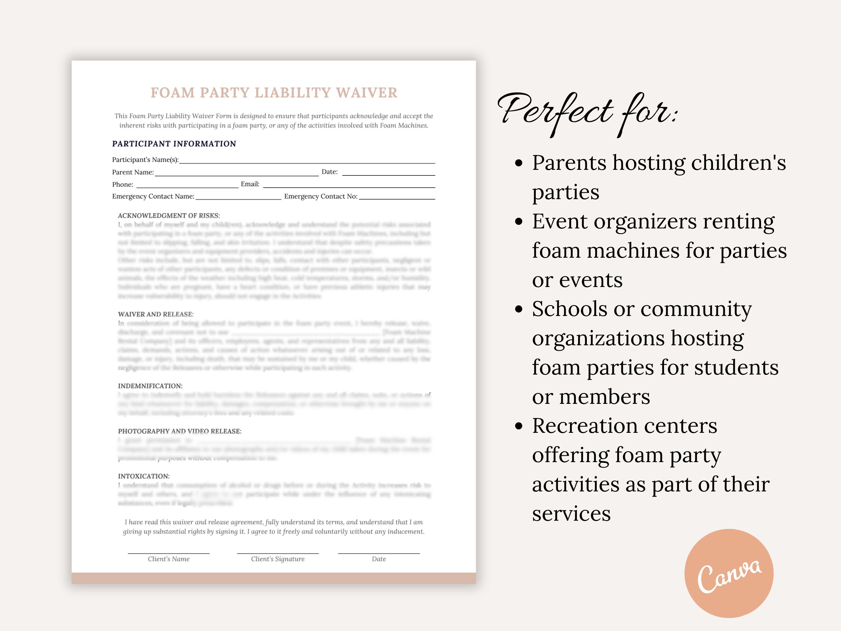 Foam Party Liability Waiver, Media Release Consent, Bubble Machine