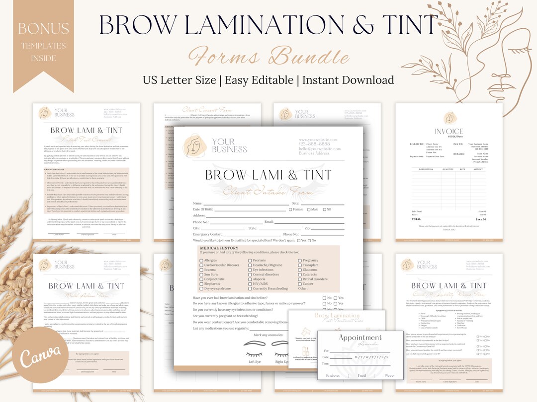 Brow Lamination and Tint Forms Bundle Editable Brow Lami Aftercare Tint