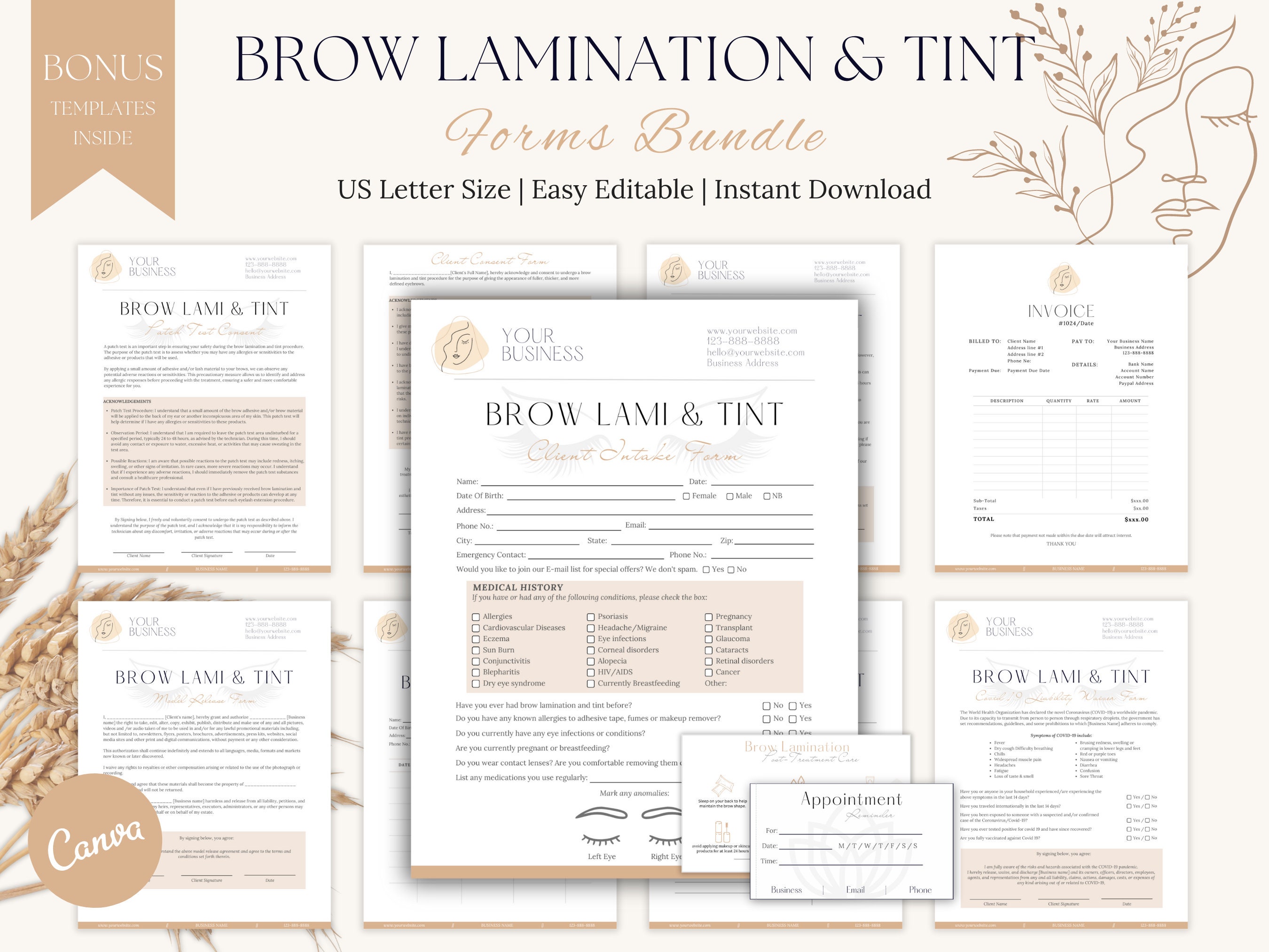 Brow Lamination and Tint Forms Bundle | Editable | Brow Lami Aftercare | Tint Consent Forms | Tint Aftercare | Brow Beauty Consultation