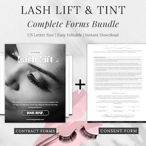 Bundel met formulieren voor wimperlift en tint, intakegesprek cliënt, toestemmingsformulier, nazorgkaarten, behandeldossier, annuleringsbeleid, afdrukbare salonformulieren