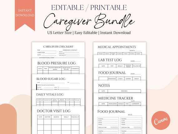 Caregiver Planner Bundle: Senior Care Checklist, Medical Logs (Canva, Digital Download)