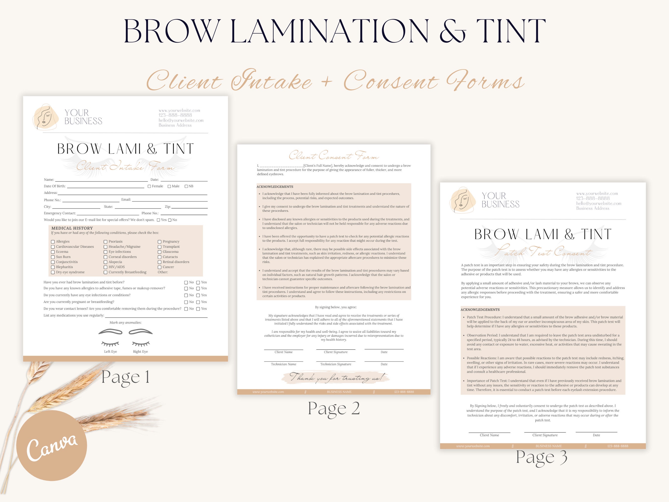 Brow Lamination and Tint Forms Bundle Editable Brow Lami Aftercare Tint