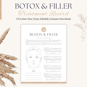 Formulario de tratamiento de Botox, gráfico facial inyectable, registro de cliente de Botox, libro de registro de Botox, suministros comerciales de inyectores de enfermera, mapa facial de Botox, Canva
