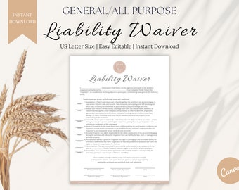 All Purpose Liability Waiver Template, General Release of Liability, Editable in Canva, Indemnification, Waiver of Subrogation Endorsement