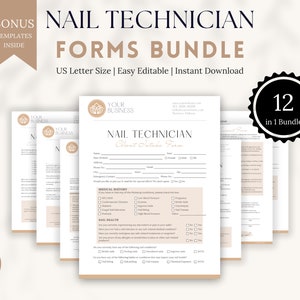 Peut inclure: Un ensemble de 12 formulaires imprimables pour les techniciennes en ongles. Les formulaires sont conçus pour être utilisés pour l'accueil des clients, y compris les antécédents médicaux, la santé des ongles et les formulaires de consentement. Les formulaires sont dans un style moderne et minimaliste avec une palette de couleurs neutres.
