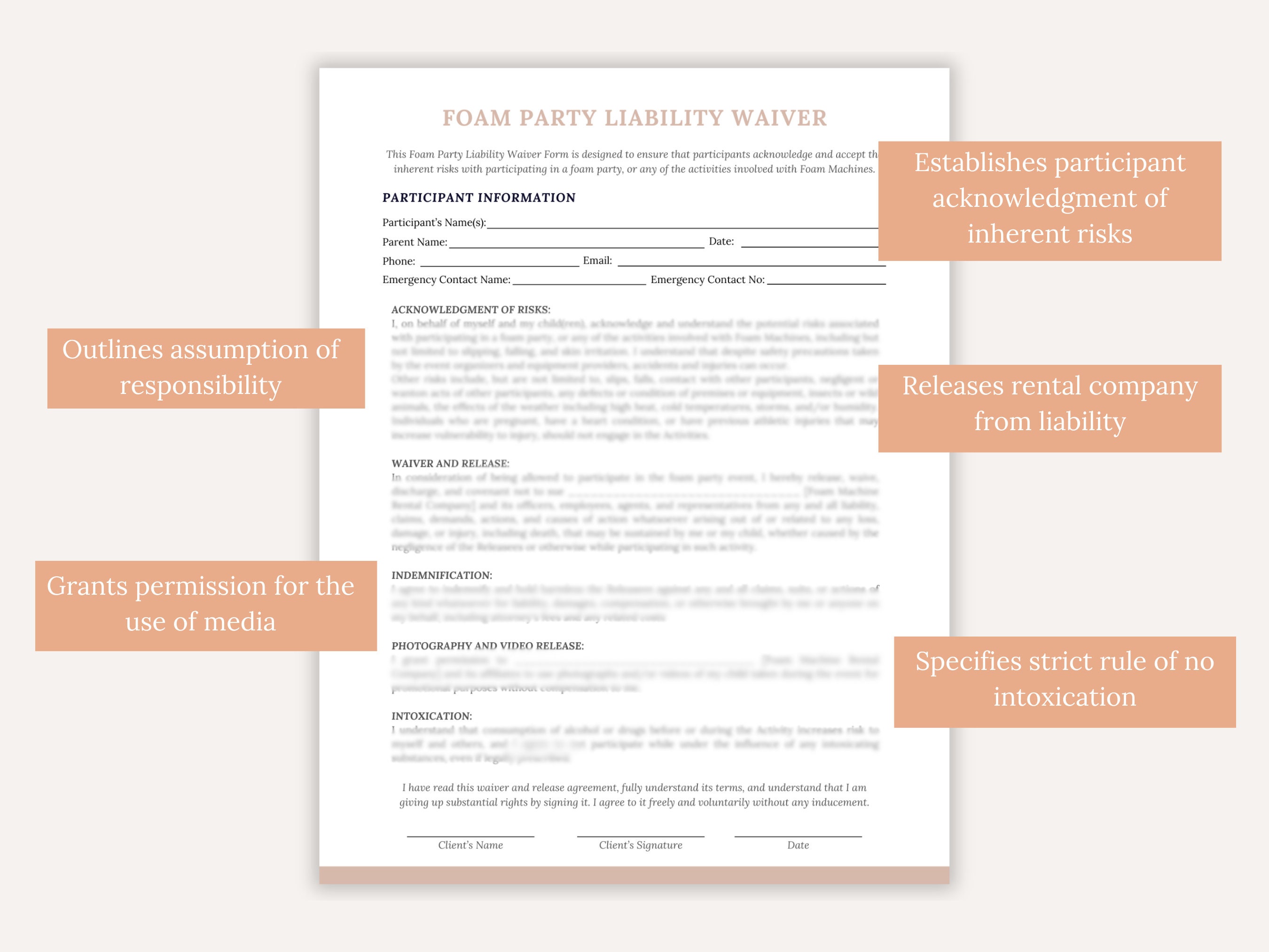 Foam Party Liability Waiver, Media Release Consent, Bubble Machine
