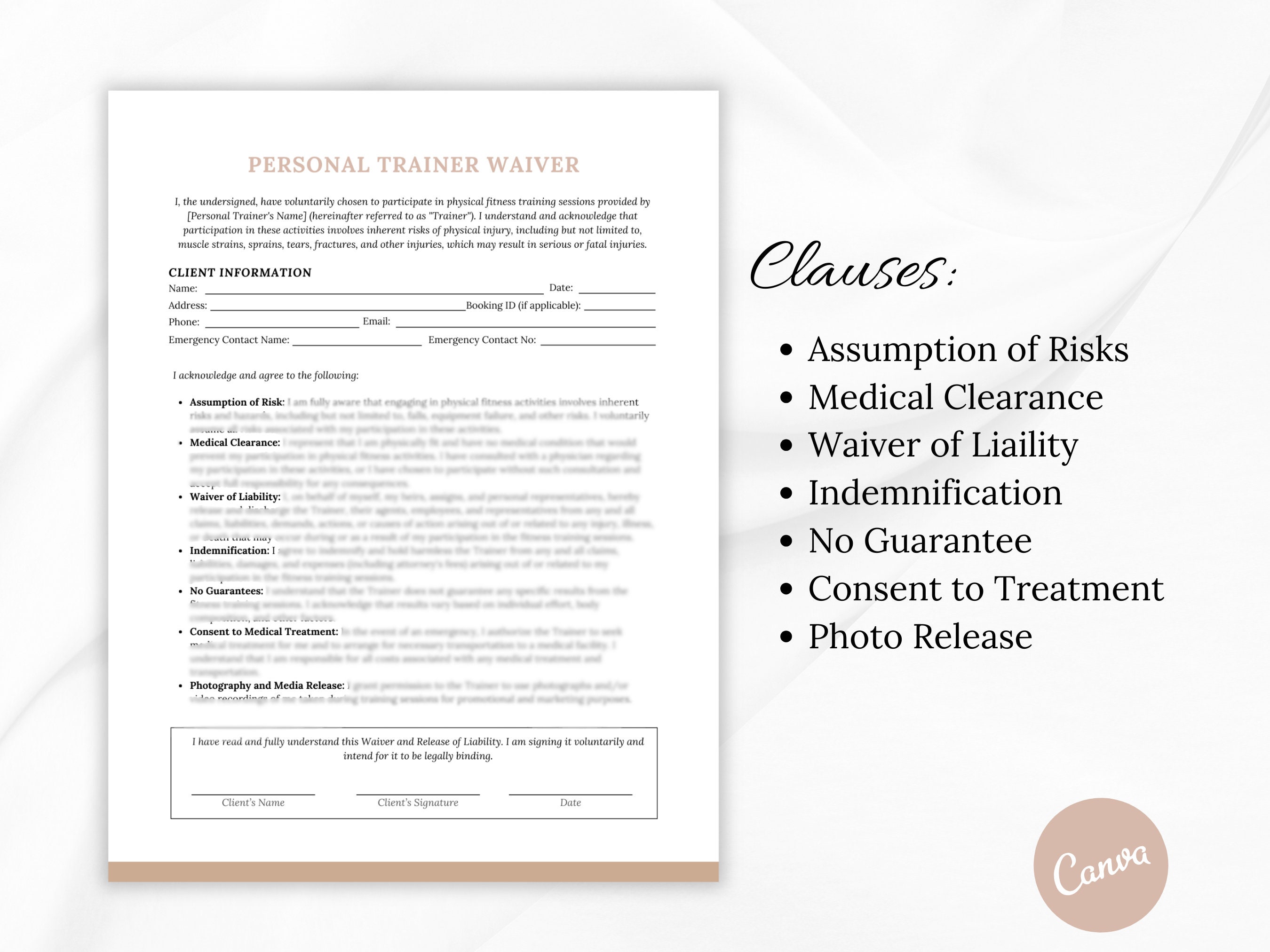 Personal Trainer Liability Waiver Form, Home Physical Trainer Waiver ...