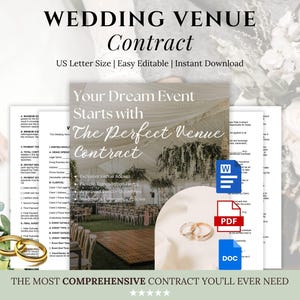Peut inclure: Un modèle de contrat de lieu de mariage avec le texte "WEDDING VENUE Contract". La conception comprend une photo d'un lieu de mariage, des alliances et des icônes de documents. Le texte "Your Dream Event Starts with The Perfect Venue Contract" est également visible.