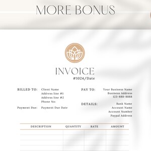 May include: A printable invoice template with a minimalist design. The template includes sections for billing information, payment details, and a table for itemized costs. The invoice is titled "Invoice" with the number "#1024/Date".