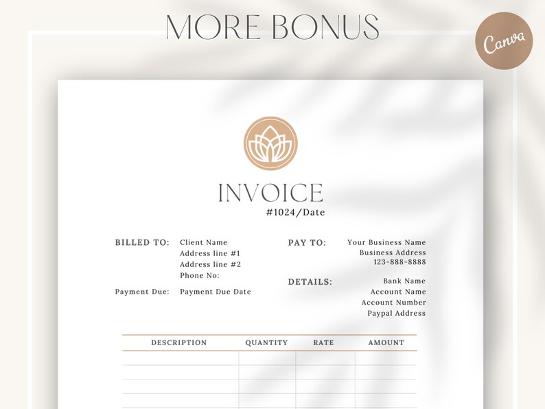 May include: A printable invoice template with a minimalist design. The template includes sections for billing information, payment details, and a table for itemized costs. The invoice is titled "Invoice" with the number "#1024/Date".