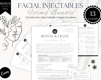 Może przedstawiać: Zestaw 13 drukowalnych formularzy do zabiegów Botox i wypełniaczy. Formularze są przeznaczone do użytku w spa medycznym lub klinice. Formularze obejmują formularz przyjęcia klienta, formularz historii medycznej i formularz umówienia. Formularze są łatwe do edycji i pobrania.