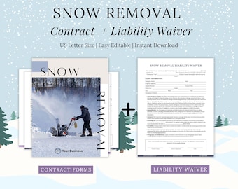 Puede incluir: Un contrato y una exención de responsabilidad imprimibles para los servicios de remoción de nieve. El documento incluye una imagen de quitanieves y el texto "SNOW REMOVAL" y "Your Business".