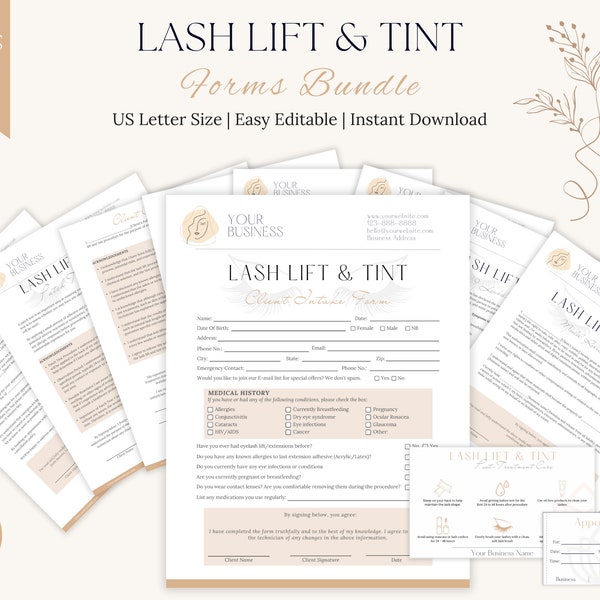 Lash Lift and Tint Forms Bundle | Lash Tint After Care | Lash Client Consent Form | Eyelash Consultation | Editable | Beauty Forms Bundle