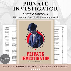 Könnte beinhalten: Eine beige Servicevertragsvorlage für einen Privatdetektiv mit Vintage-Design und einem Mann mit Hut. Der Text lautet "Private Investigator Service Contract" in Rot und Schwarz. Enthält den Text "US Letter Size | Easy Editable | Instant Download".