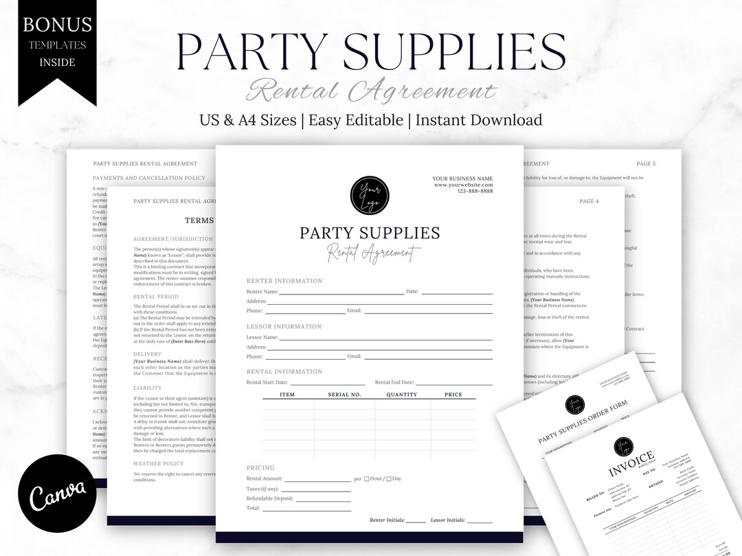 Professional Party Supplies Rental Contract Agreement Party Event