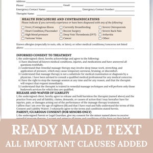 May include: A printed form with sections for health disclosure, informed consent, and a release of liability. The form includes checkboxes for medical conditions and a section for allergies. The text "READY MADE TEXT" and "ALL IMPORTANT CLAUSES ADDED" are at the bottom.