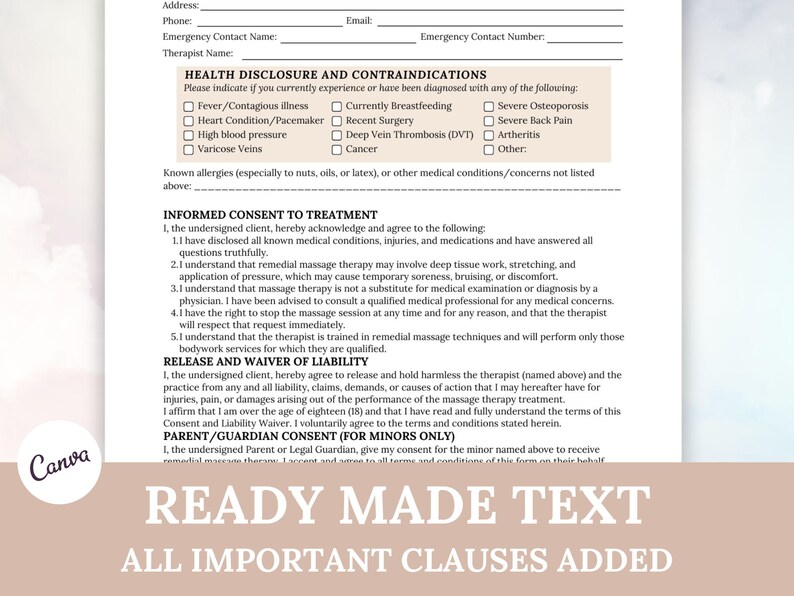 May include: A printed form with sections for health disclosure, informed consent, and a release of liability. The form includes checkboxes for medical conditions and a section for allergies. The text "READY MADE TEXT" and "ALL IMPORTANT CLAUSES ADDED" are at the bottom.