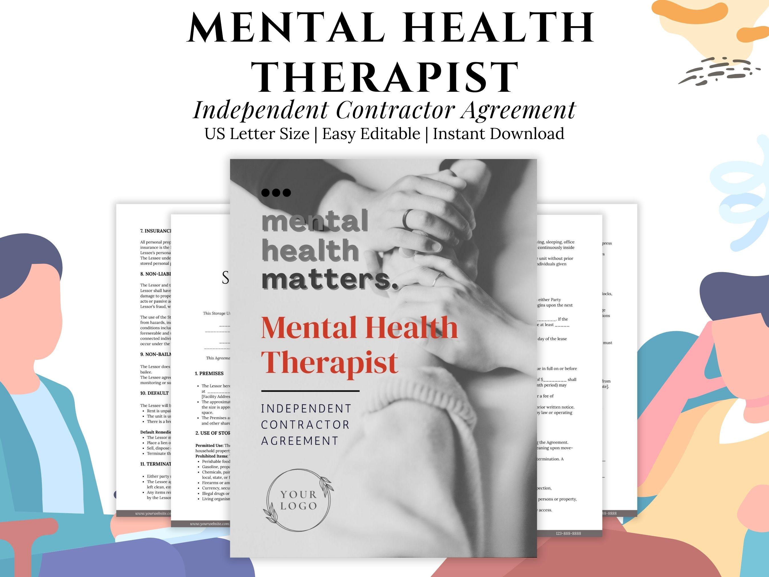 Mental Health Therapist Independent Contractor Agreement, Counseling Services Contract, Private Psych Practice, Clinical Therapist Contract