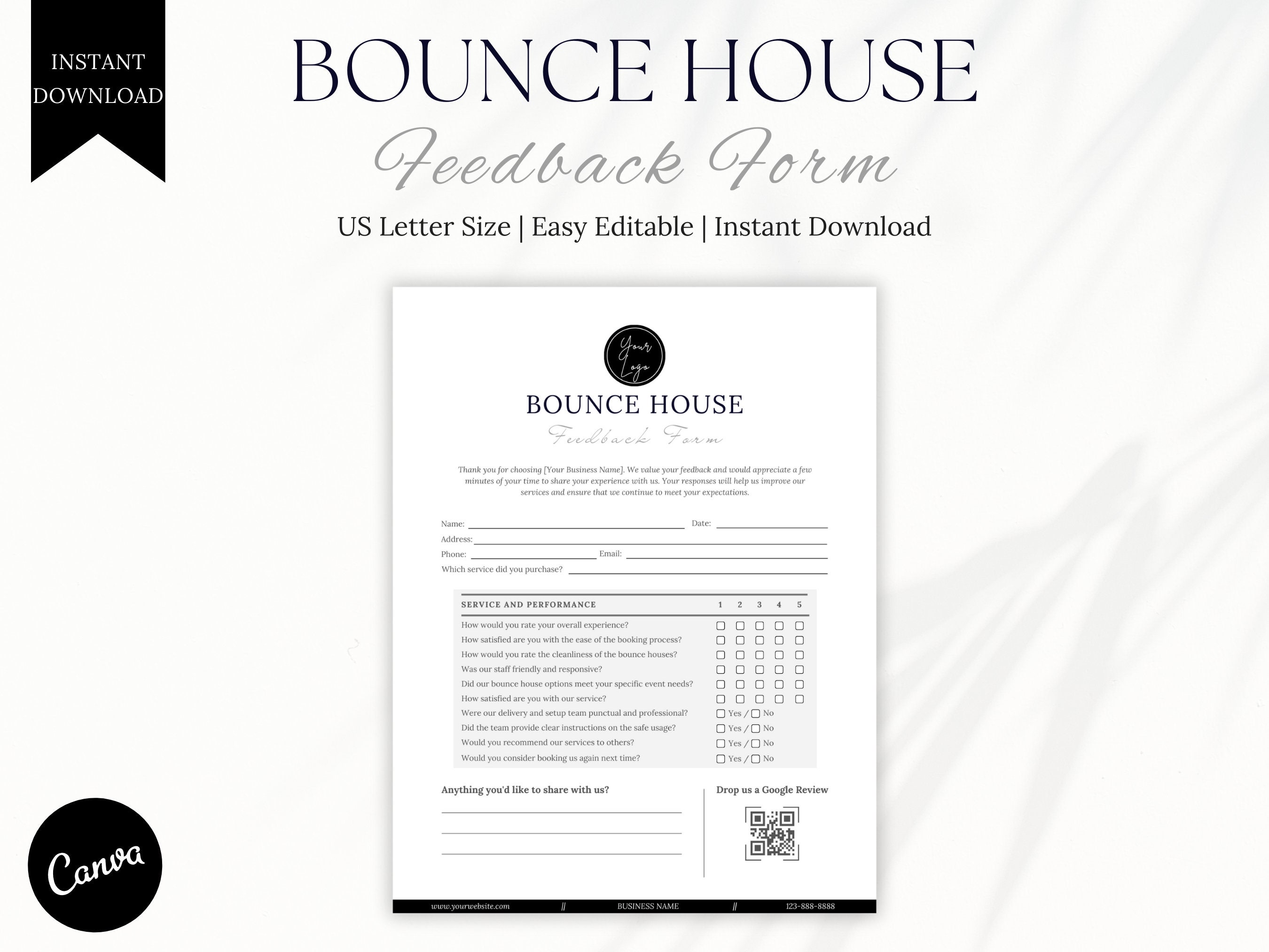 Editable Bounce House Feedback Form Template Inflatables Business