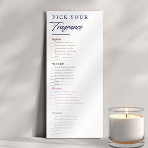 Bearbeitbar Wählen Sie Ihre Duftkartenvorlage für die Candle-Gour-Bar, ein Blatt zur Auswahl des Dufts für die Kerzenherstellung, eine anpassbare Canva-Vorlage