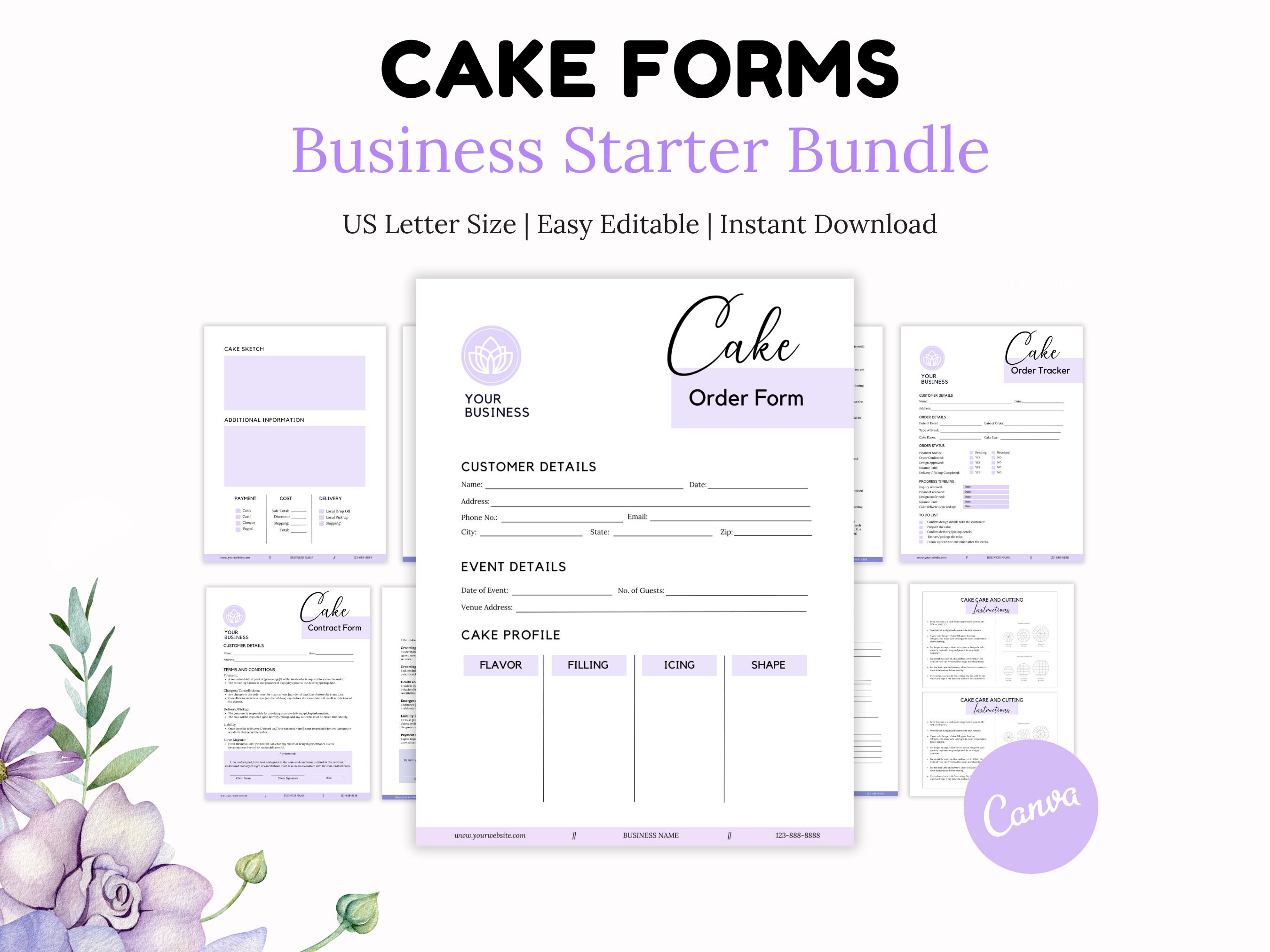 Customizable Cake Order Form, Cake Contract Template, Cake Care ...