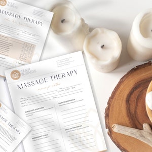 May include: A set of three printable massage therapy forms. The forms are white with black text and a brown logo. The forms include a client intake form, massage notes, and a plan of treatment form.