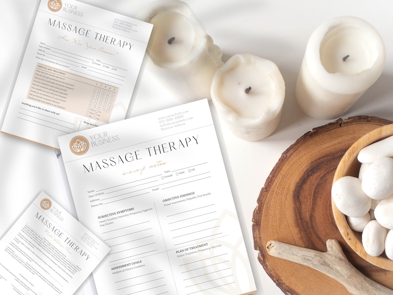 May include: A set of three printable massage therapy forms. The forms are white with black text and a brown logo. The forms include a client intake form, massage notes, and a plan of treatment form.