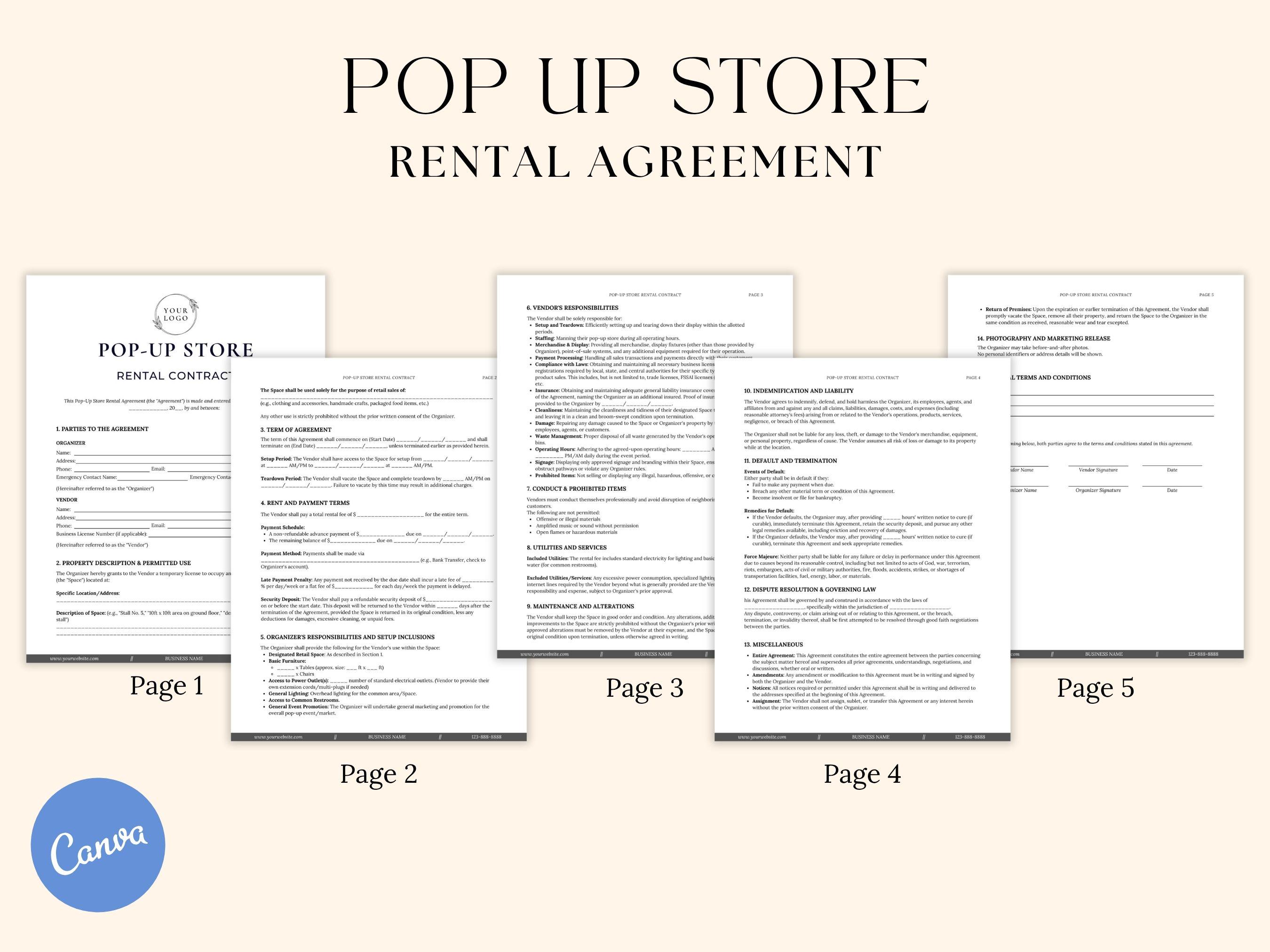 Up Store Rent Pop up Store Rental Contract Template, Vendor Agreement (edit in Canva ...