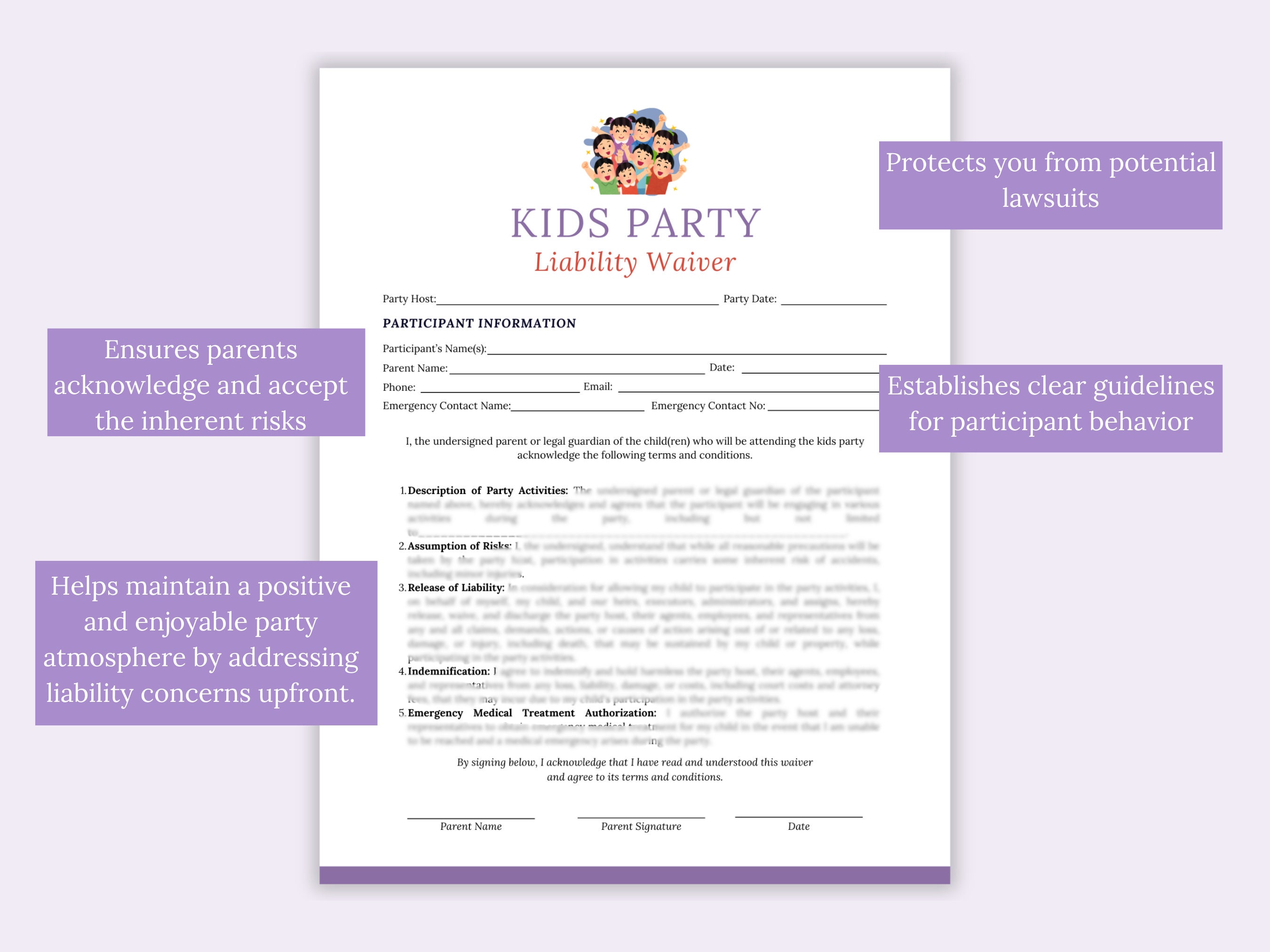 Liability Waiver for Kids Party, Parents Consent Form for Kids Events ...