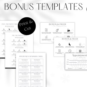 May include: Black and white printable templates for Botox and Filler treatment cards. The templates include pre-treatment, post-treatment, and appointment reminder cards. The text on the cards reads "Botox & Filler" and "Appointment Reminder Cards".