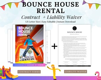May include: A digital download of a bounce house rental contract and liability waiver. The image shows a colorful bounce house with a child jumping inside, along with the text "Bounce House Rental Contract + Liability Waiver".