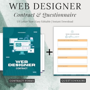Könnte beinhalten: Ein blaugrünes Dokument mit dem Text "WEB DESIGNER CONTRACT" und einer Cartoon-Illustration eines Computerbildschirms mit einem Website-Design. Das Dokument ist mit "CONTRACT FORMS" beschriftet. Neben dem Vertragsdokument ist ein separates Dokument mit dem Text "WEB DESIGNER QUESTIONNAIRE" abgebildet. Das Fragebogen-Dokument ist mit "QUESTIONNAIRE" beschriftet.