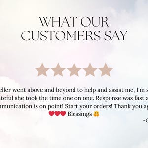 May include: Image with text "WHAT OUR CUSTOMERS SAY" above five star icons. Below, a customer review praises the seller's assistance and communication. The review ends with "Blessings" and a smiley face.