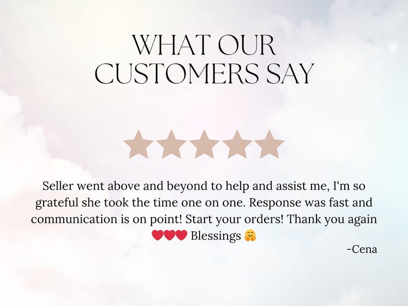 May include: Image with text "WHAT OUR CUSTOMERS SAY" above five star icons. Below, a customer review praises the seller's assistance and communication. The review ends with "Blessings" and a smiley face.