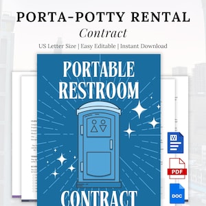 以下が含まれることがあります： 青と白のポータブルトイレレンタル契約書。契約書には「PORTABLE RESTROOM CONTRACT」の文字と、ポータブルトイレのイラストが描かれています。契約書はUSレターサイズで、簡単に編集できます。